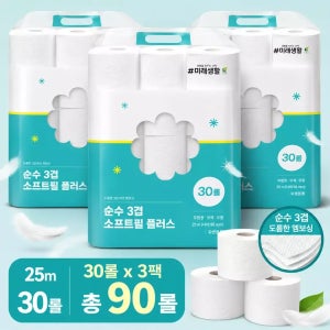 순수3겹 소프트필플러스 화장지 25m 30롤 x 3팩 90롤