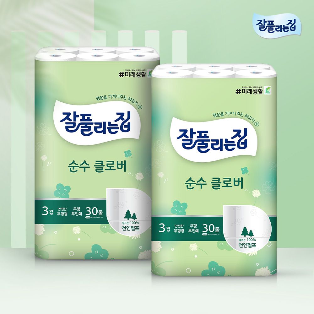 잘풀리는집 순수클로버 천연펄프 화장지 27m x 30롤 x 2팩
