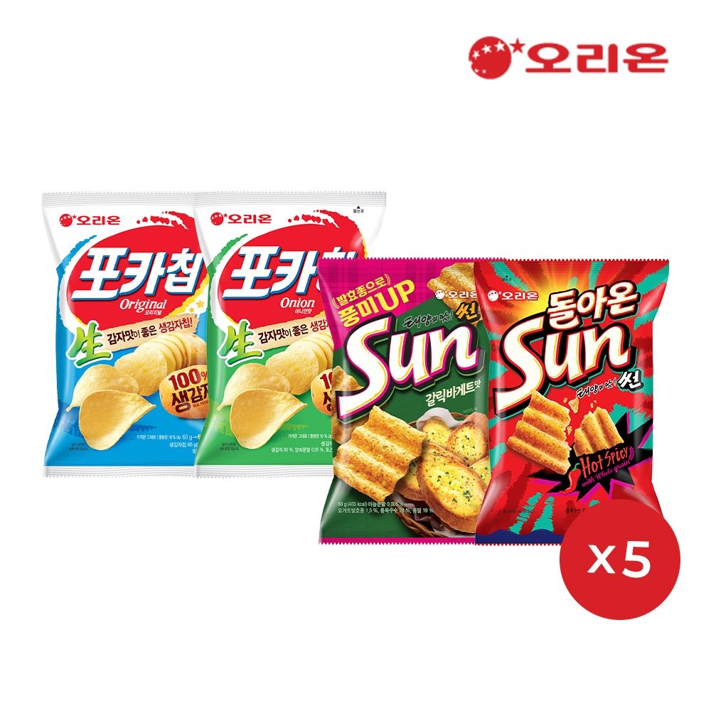 오리온 포카칩 66g 5개+어니언 66g 5개+썬 핫스파이시 80g 5개+갈릭바게트 80g 5개