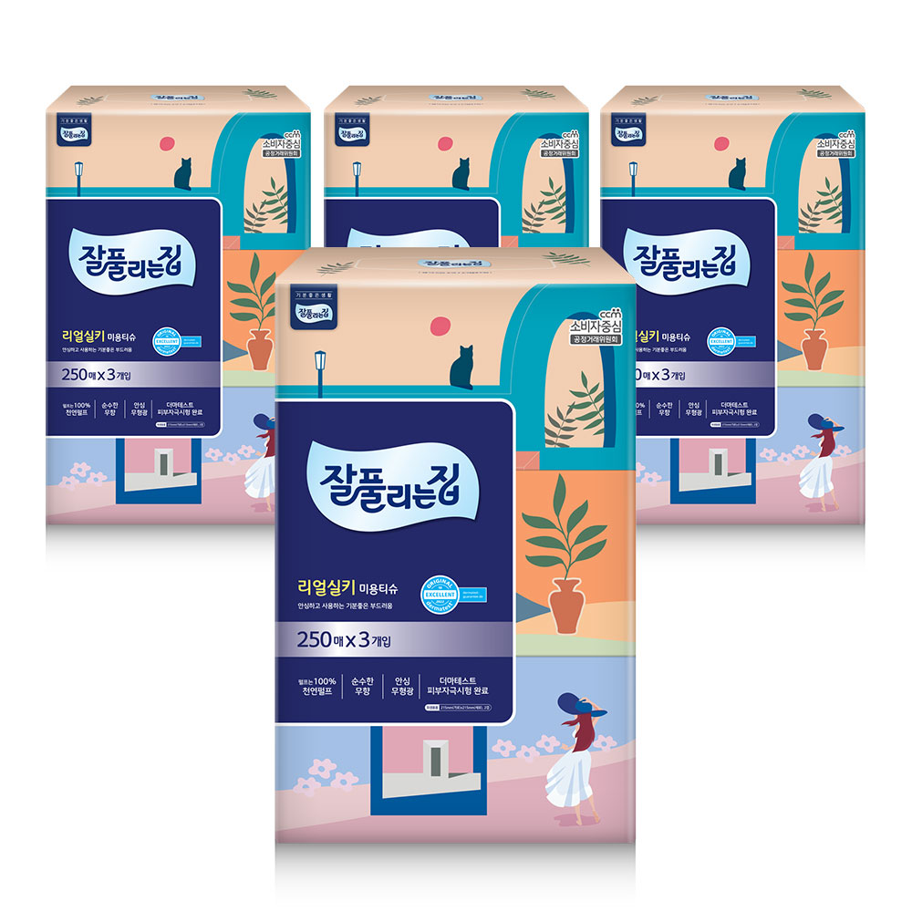 잘풀리는집 리얼실키 미용티슈 250매 3입 x 4팩