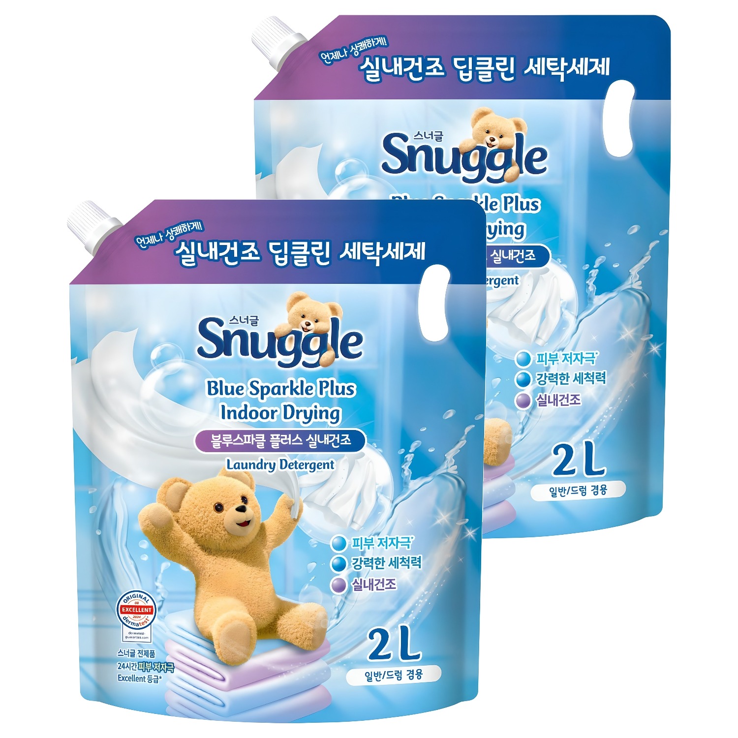 스너글 블루스파클 플러스 실내건조 액상세탁세제 리필, 2L, 2개