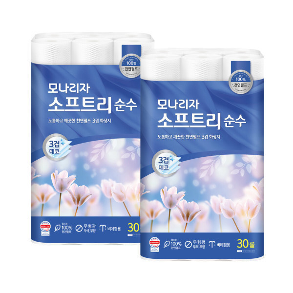 모나리자 천연펄프 소프트리 순수 3겹 30M 30롤 2팩